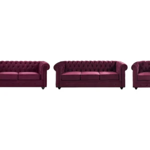 Kit de Quarto Completo Sofá de 3 lugares, 2 lugares e poltrona em veludo roxo CHESTERFIELD