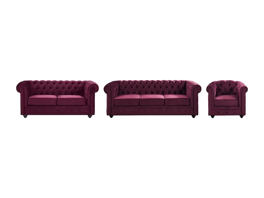 Kit de Quarto Completo Sofá de 3 lugares, 2 lugares e poltrona em veludo roxo CHESTERFIELD