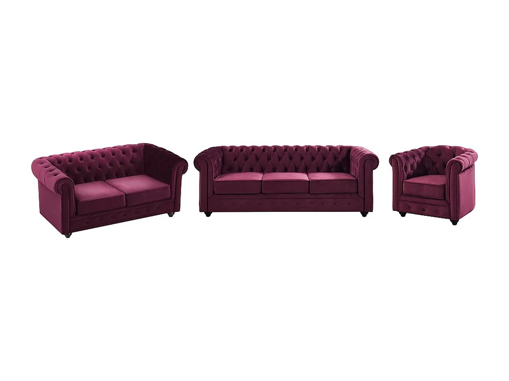 Kit de Quarto Completo Sofá de 3 lugares, 2 lugares e poltrona em veludo roxo CHESTERFIELD