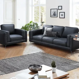 Kit de Quarto Completo Sofá de 3 lugares e poltrona em pele de búfalo preto LECCO