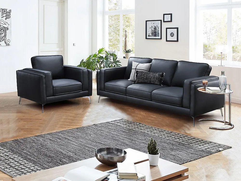 Kit de Quarto Completo Sofá de 3 lugares e poltrona em pele de búfalo preto LECCO