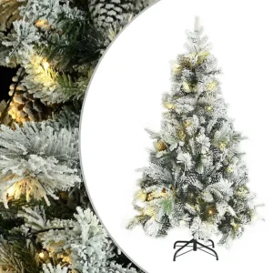 Árvore de Natal com flocos de neve LEDs e pinhas 195cm PVC e PE Clicnbuy
