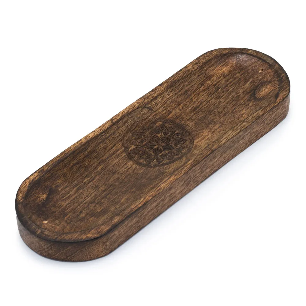 Bandeja Suporte para Incenso, Mandala Oval de Madeira 30x10cm