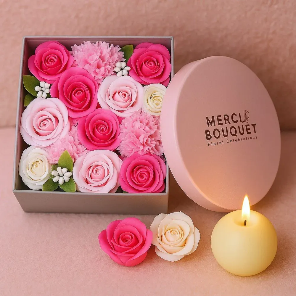 Caixa Quadrada de Flores de Sabão, Cor-de-rosa