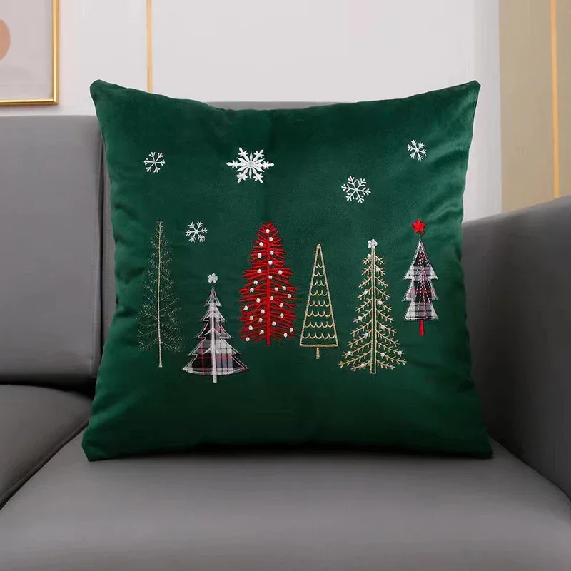 Capa de Almofada com Flocos de Neve e Árvores de Natal Verde 45x45cm