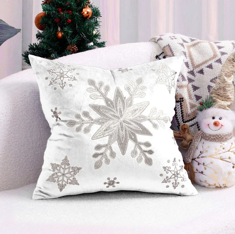 Capa de Almofada Natal com Flocos de Neve Branco 45x45cm
