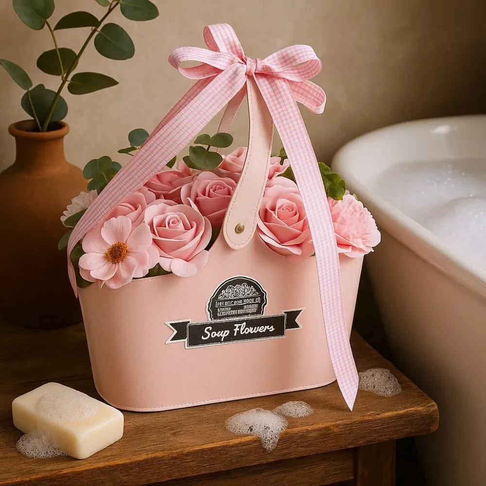 Cesto de Bouquet de Flores de Sabão Rosa