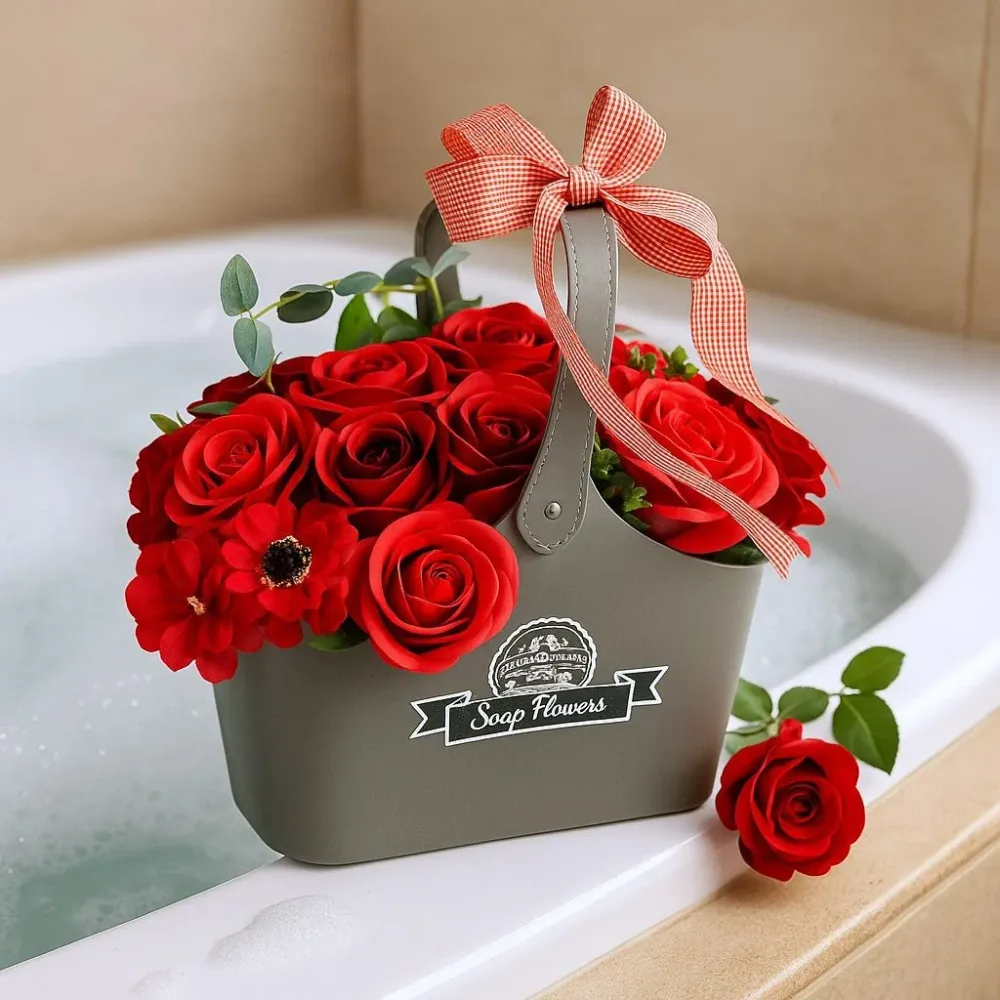 Cesto de Bouquet de Flores de Sabão Vermelhas
