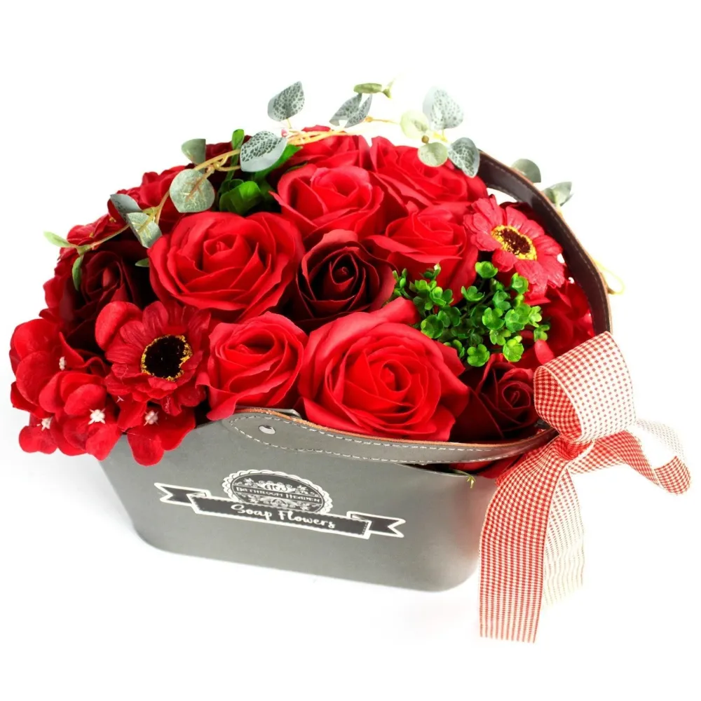 Cesto de Bouquet de Flores de Sabão Vermelhas