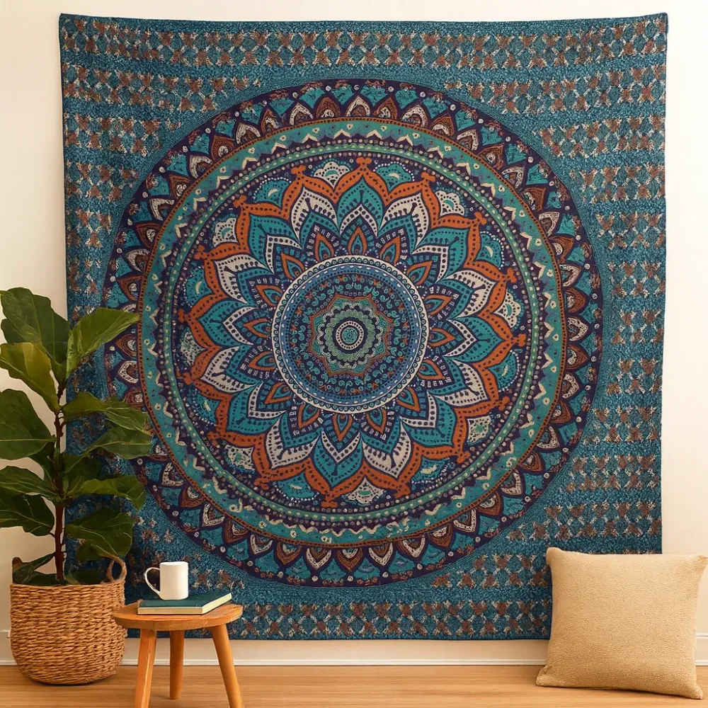Colcha de Algodão Dupla, Tapeçaria de Parede Mandala Turquesa