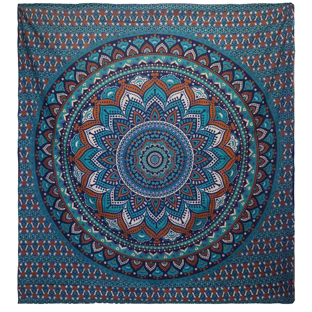 Colcha de Algodão Dupla, Tapeçaria de Parede Mandala Turquesa