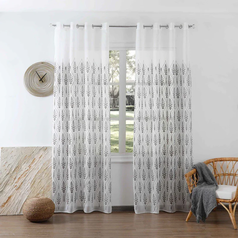 Cortina Bordada com Folhas Elegantes Castanho 140*260CM-Individual