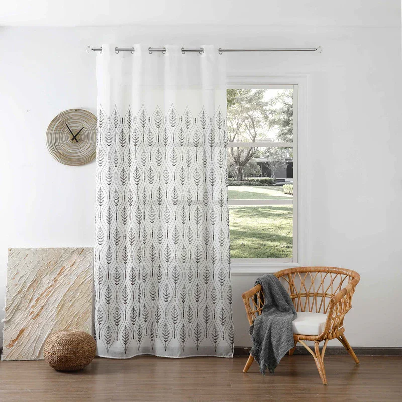 Cortina Bordada com Folhas Elegantes Castanho 140*260CM-Individual