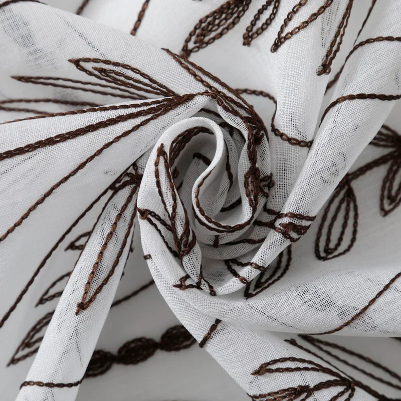Cortina Bordada com Folhas Elegantes Castanho 140*260CM-Individual