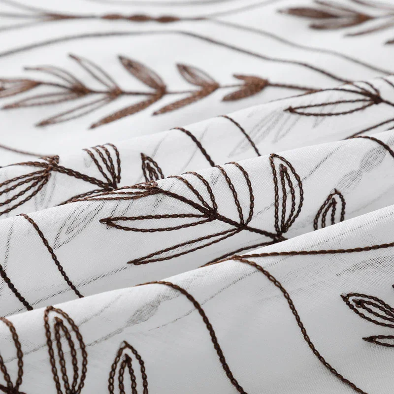 Cortina Bordada com Folhas Elegantes Castanho 140*260CM-Individual