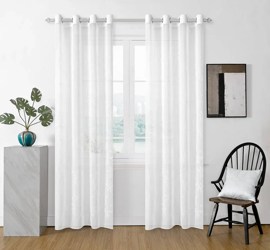 Cortina Bordado com Folhas Outonais Branco 140*260CM-Individual