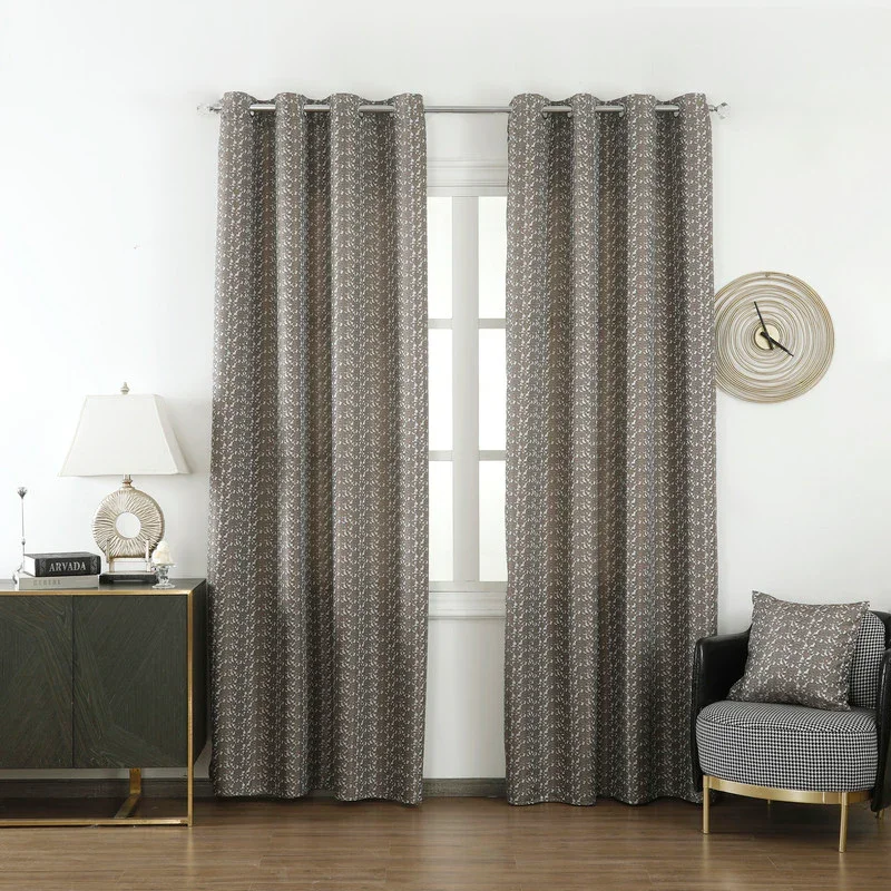 Cortina Jacquard com Estampa de Flores Castanha Escura 140*260CM-Individual