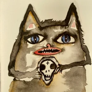 ENRIQUE ARNAUD "ST (BLUE-EYED CAT SKULL MASK)" WATERCOLOR Enrique Arnaud Blum