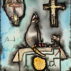 ENRIQUE ARNAUD "CAT ON ALTAR MICE" WATERCOLOR AND CHINESE INK Enrique Arnaud Blum