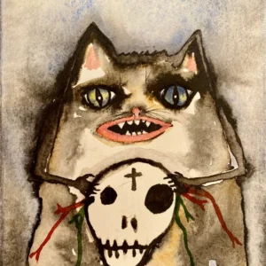 ENRIQUE ARNAUD "ST (CAT HETEROCHROMIA AND SKULL MASK)" WATERCOLOR Enrique Arnaud Blum