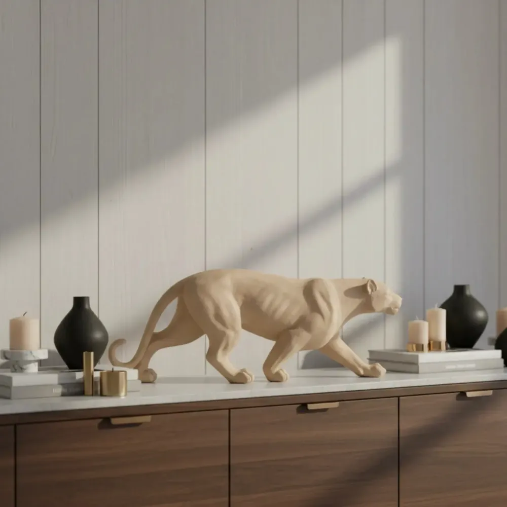Escultura Leopardo em Poliresina Bege Mart 15,5x46x8cm