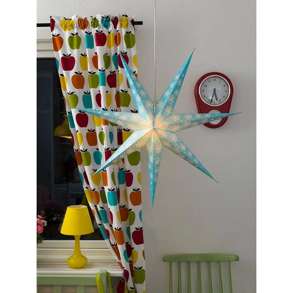 Estrela de papel azul perfurada com padrão branco impresso 7 pontos sem iluminante