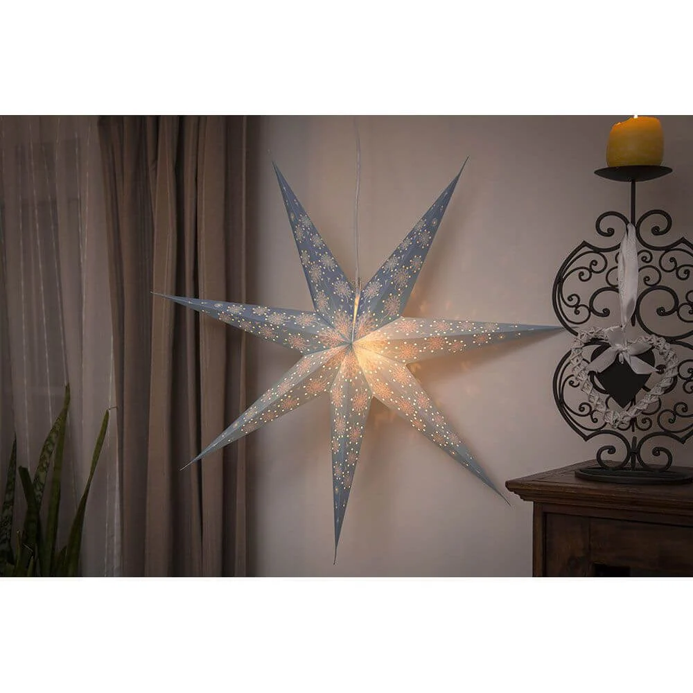 Estrela de papel azul perfurada com padrão branco impresso 7 pontos sem iluminante