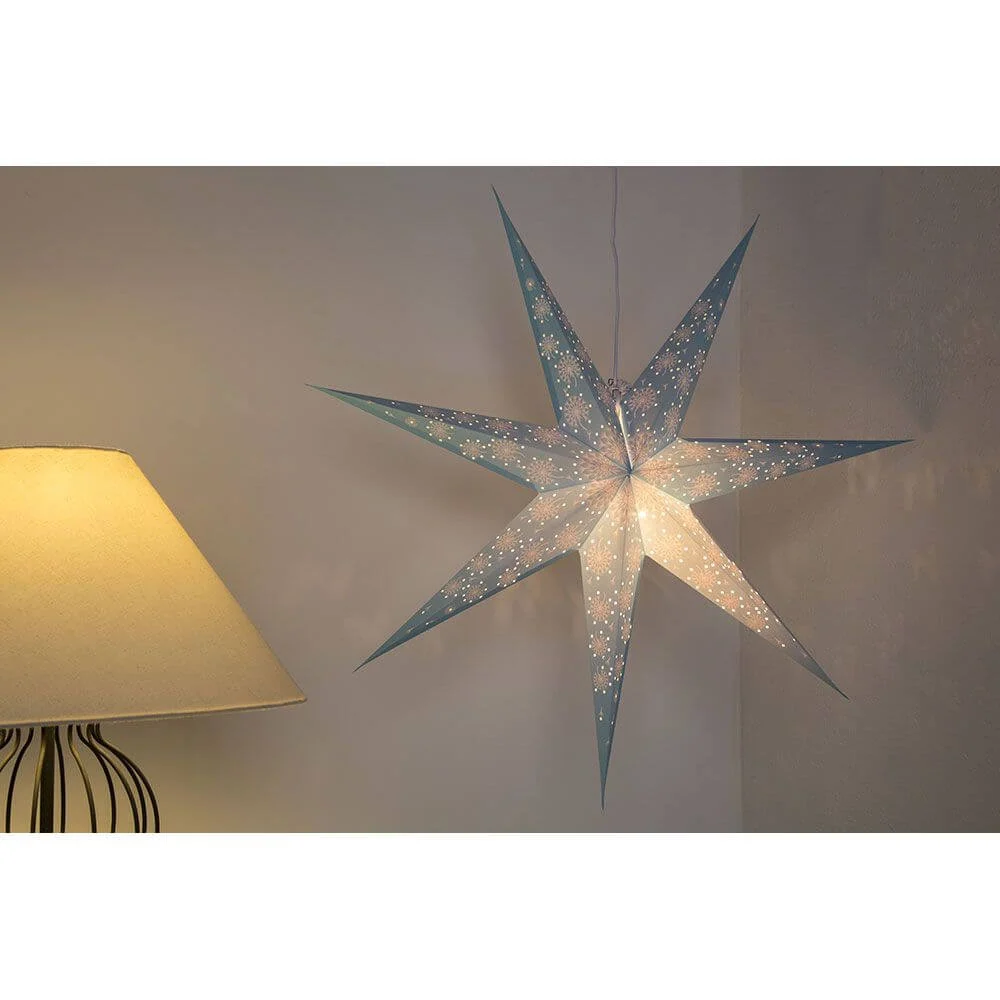 Estrela de papel azul perfurada com padrão branco impresso 7 pontos sem iluminante