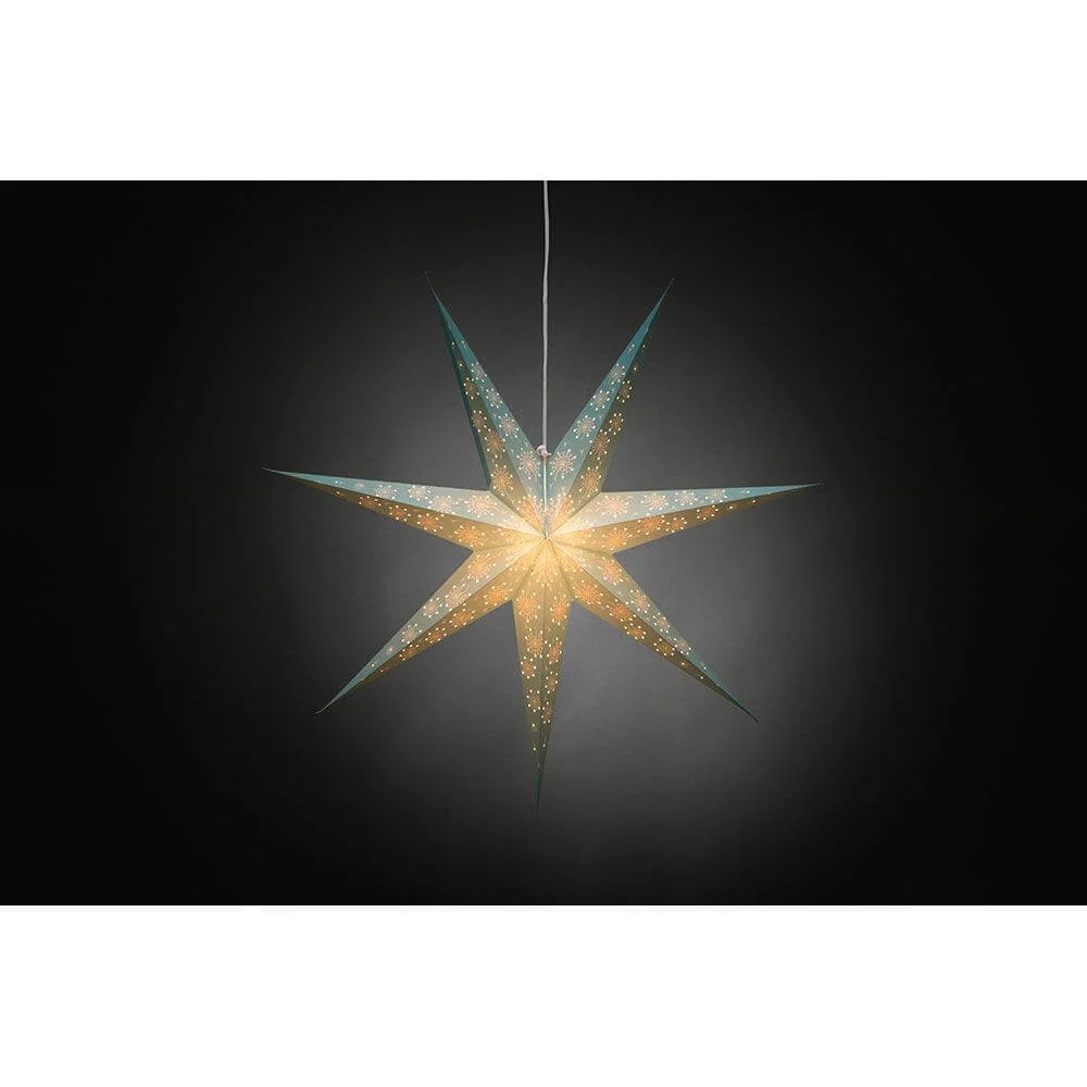 Estrela de papel azul perfurada com padrão branco impresso 7 pontos sem iluminante
