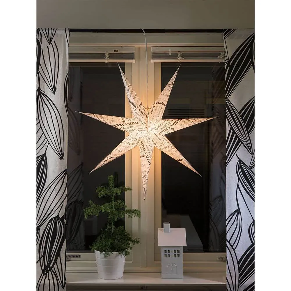 Estrela de papel branco com texto impresso preto 7 pontos sem iluminante