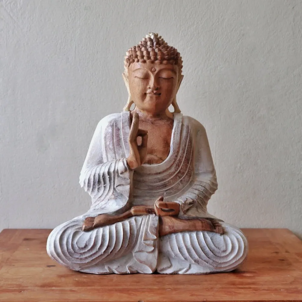 Estátua de Buda Branco Envelhecido 30cm Posição de Ensino