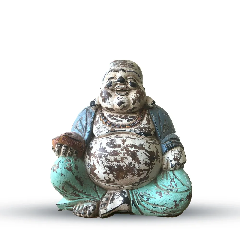 Estátua de Buda Buda Feliz de Madeira 30cm Azul Menta