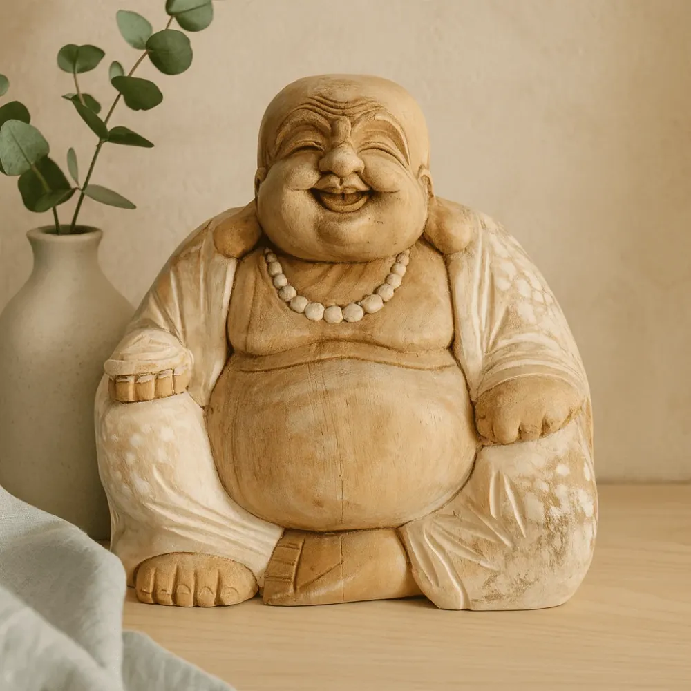 Estátua de Buda Feliz Esculpida à Mão em Madeira Branqueada 30cm