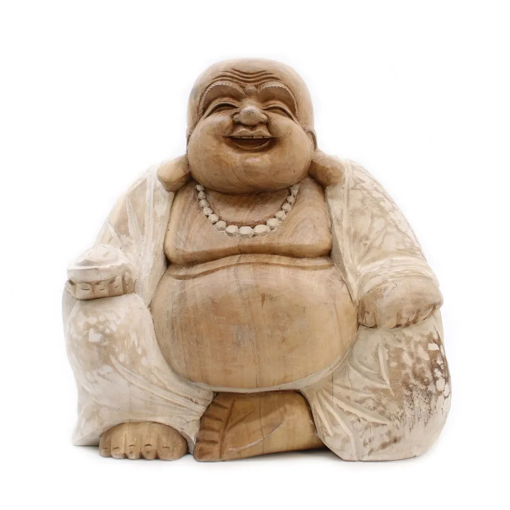 Estátua de Buda Feliz Esculpida à Mão em Madeira Branqueada 30cm
