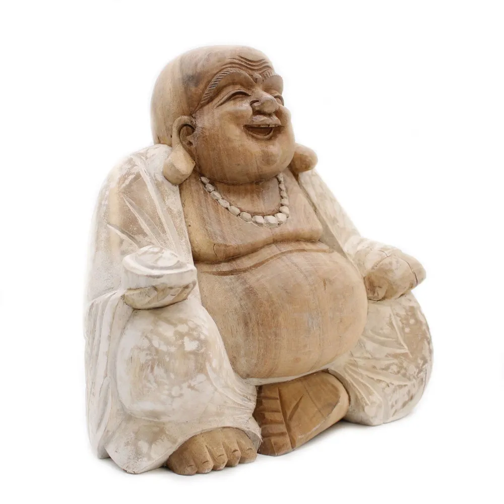 Estátua de Buda Feliz Esculpida à Mão em Madeira Branqueada 30cm