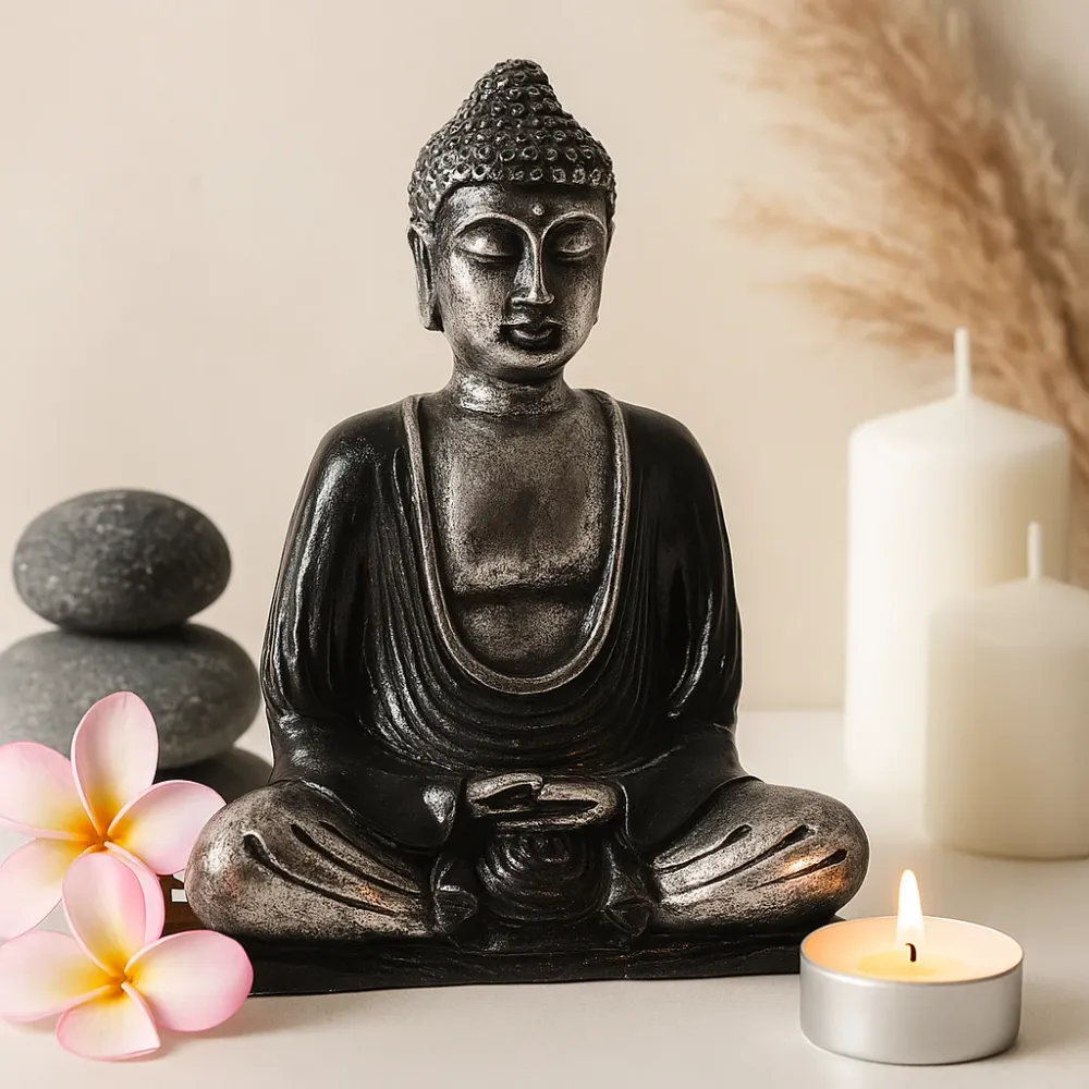 Estátua de Buda Meditar em Resina Preta e Cinzenta Média