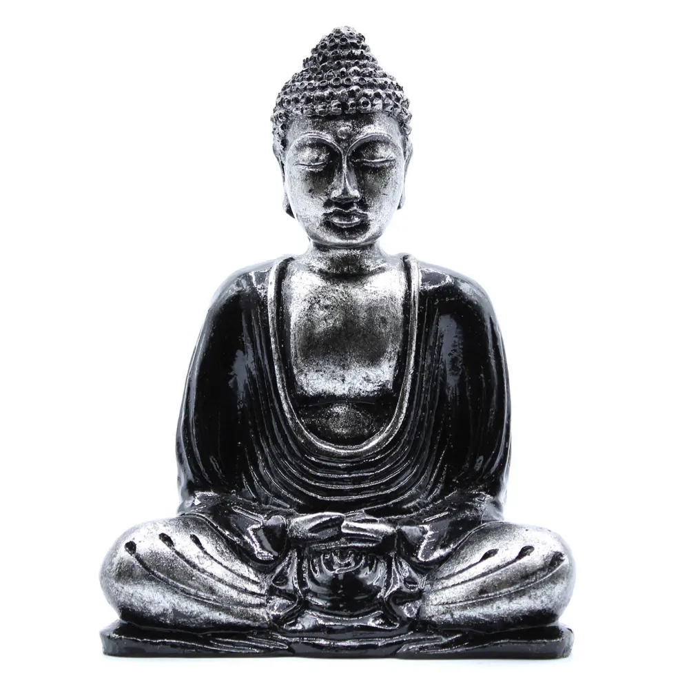 Estátua de Buda Meditar em Resina Preta e Cinzenta Média