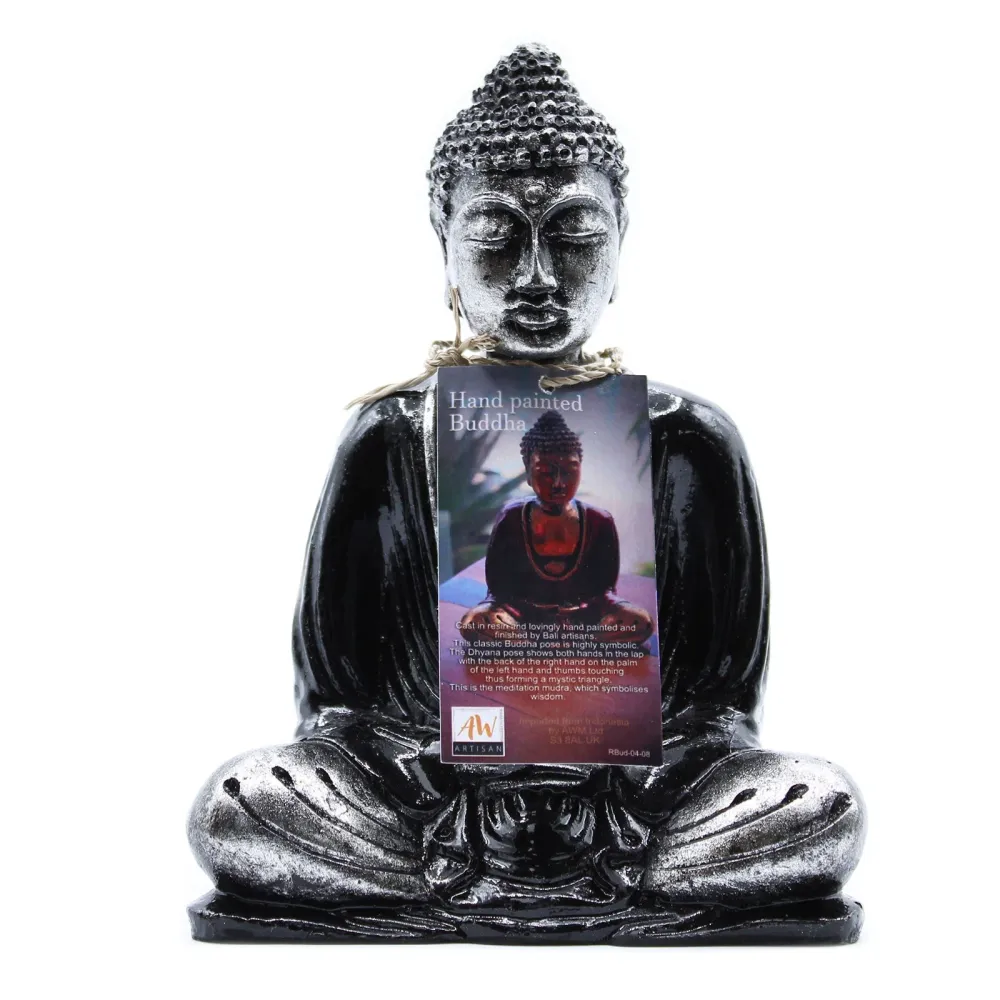 Estátua de Buda Meditar em Resina Preta e Cinzenta Média