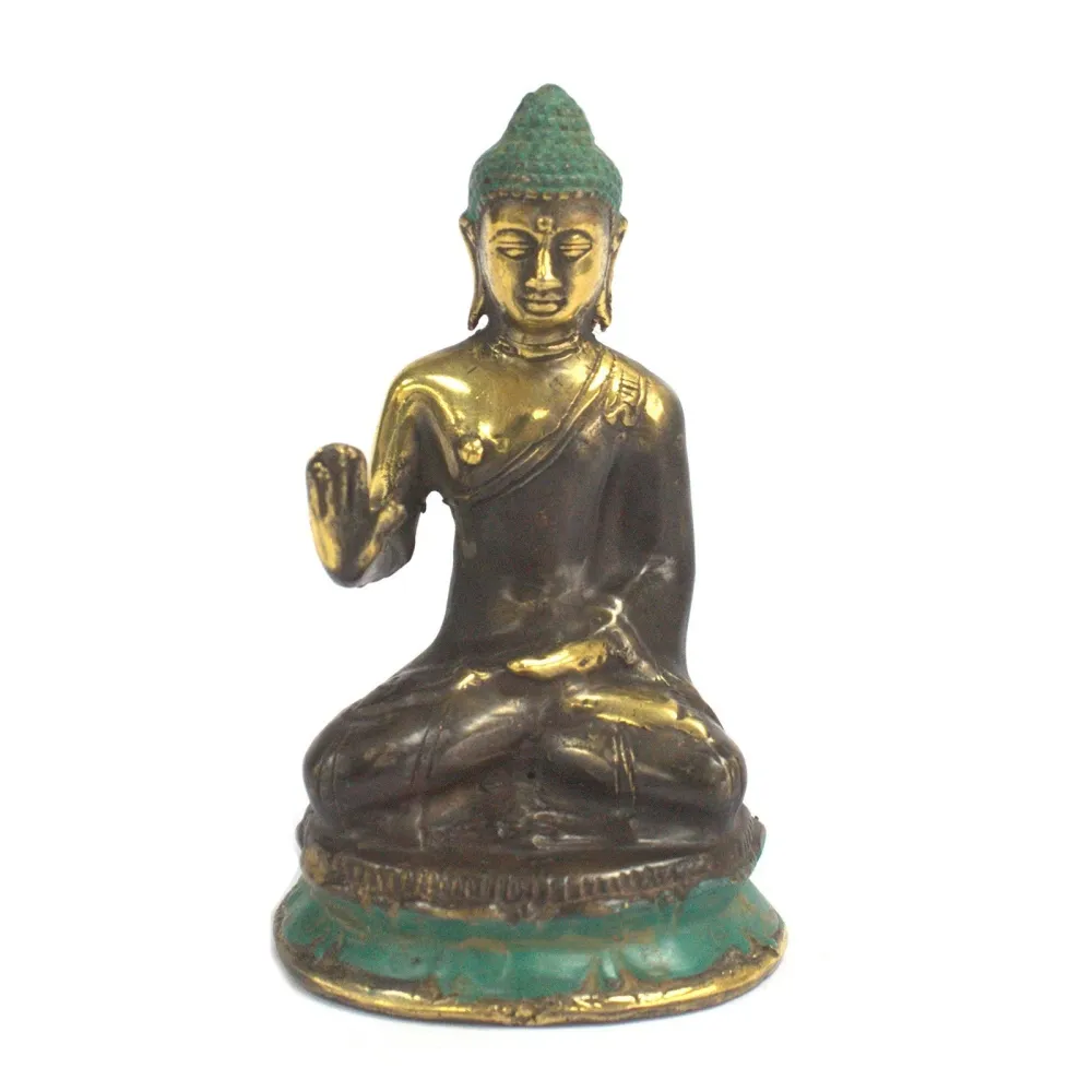 Estátua de Buda Sentado em Latão com Mão Erguida