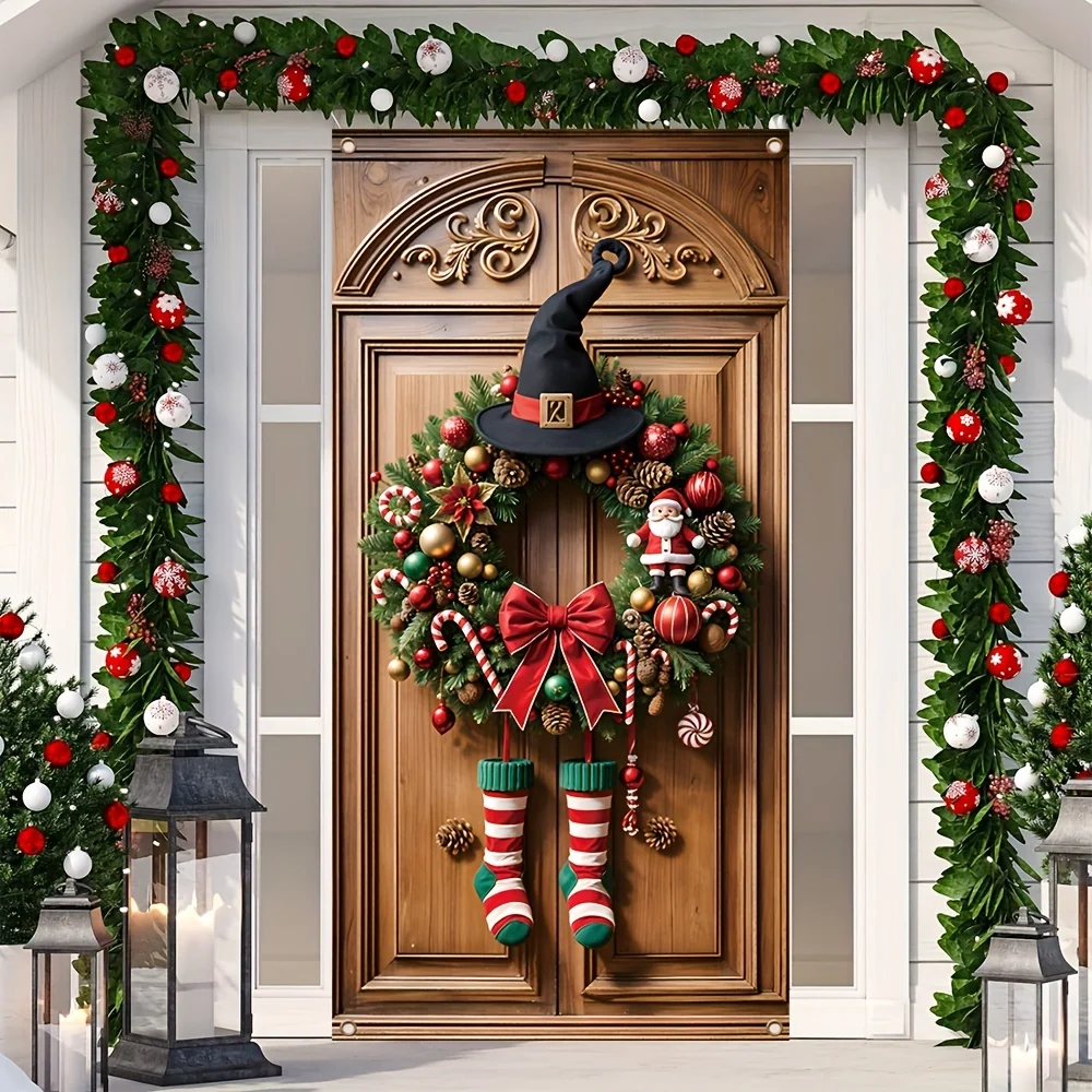 HolidayBanner - Faixa de Porta de Natal em Poliéster com Guirlanda