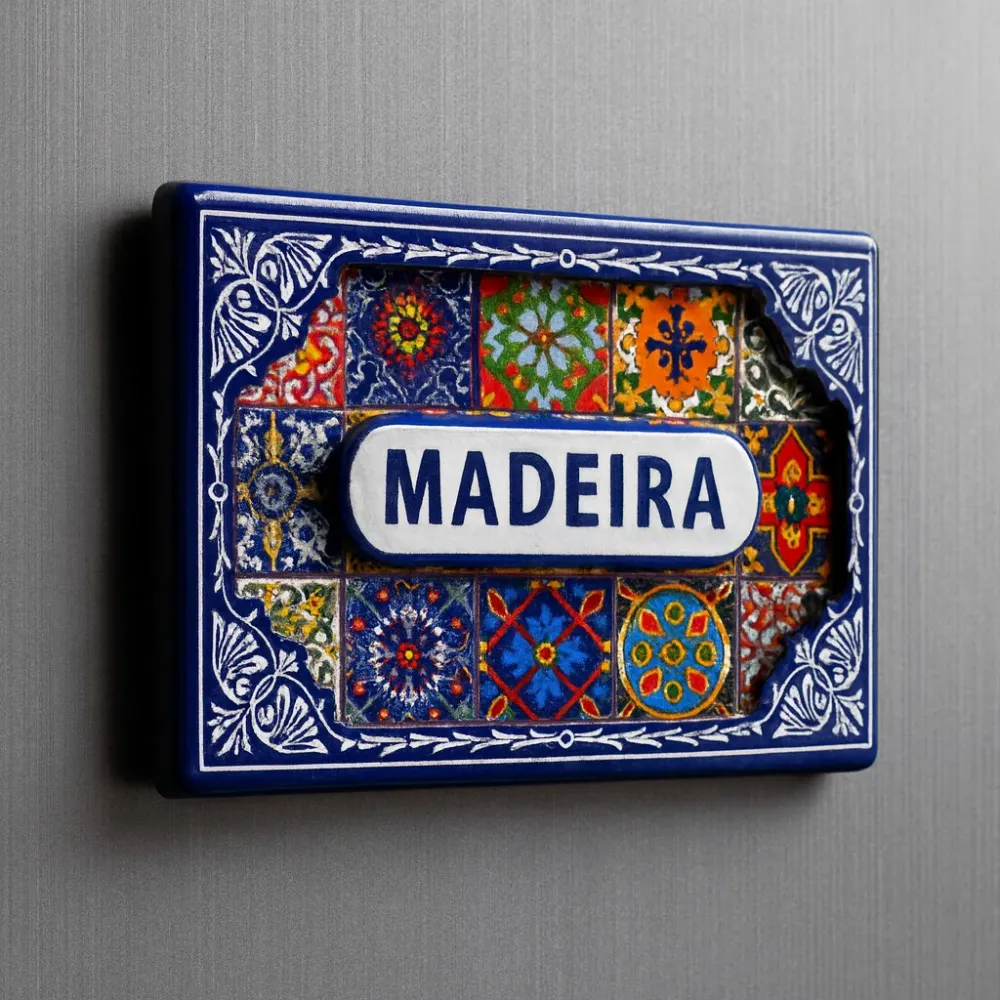 Íman da Madeira com Padrões Coloridos de Azulejos Portugueses e Moldura Decorativa