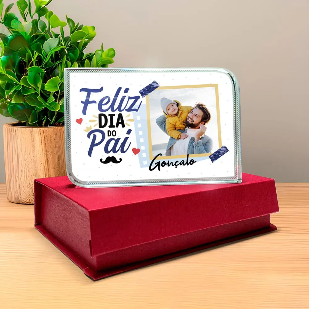 Moldura de Cristal 3D c/ caixa "Feliz Dia do Pai"