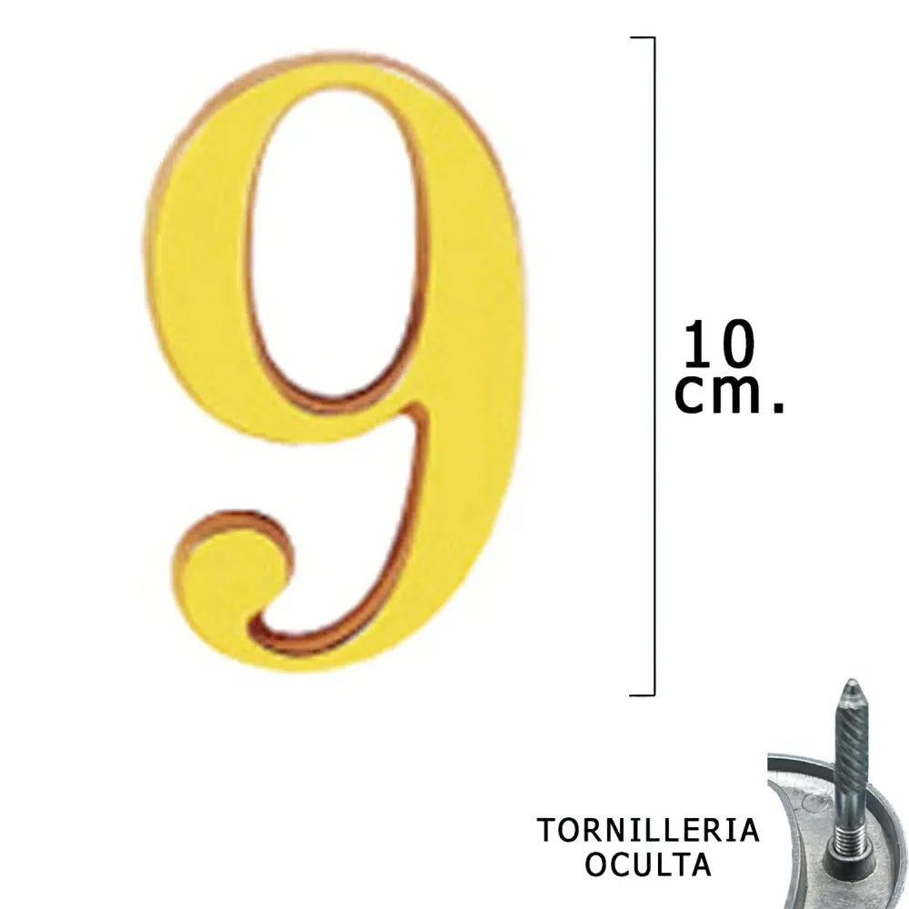 Número "9" de latão, 10 cm, com parafusos ocultos (Blister, 1 peç)