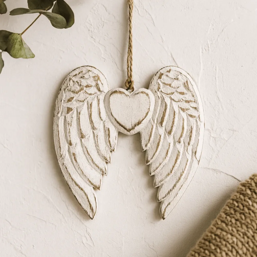 Ornamento de Coração com Duas Asas de Anjo, Feito à Mão 15cm
