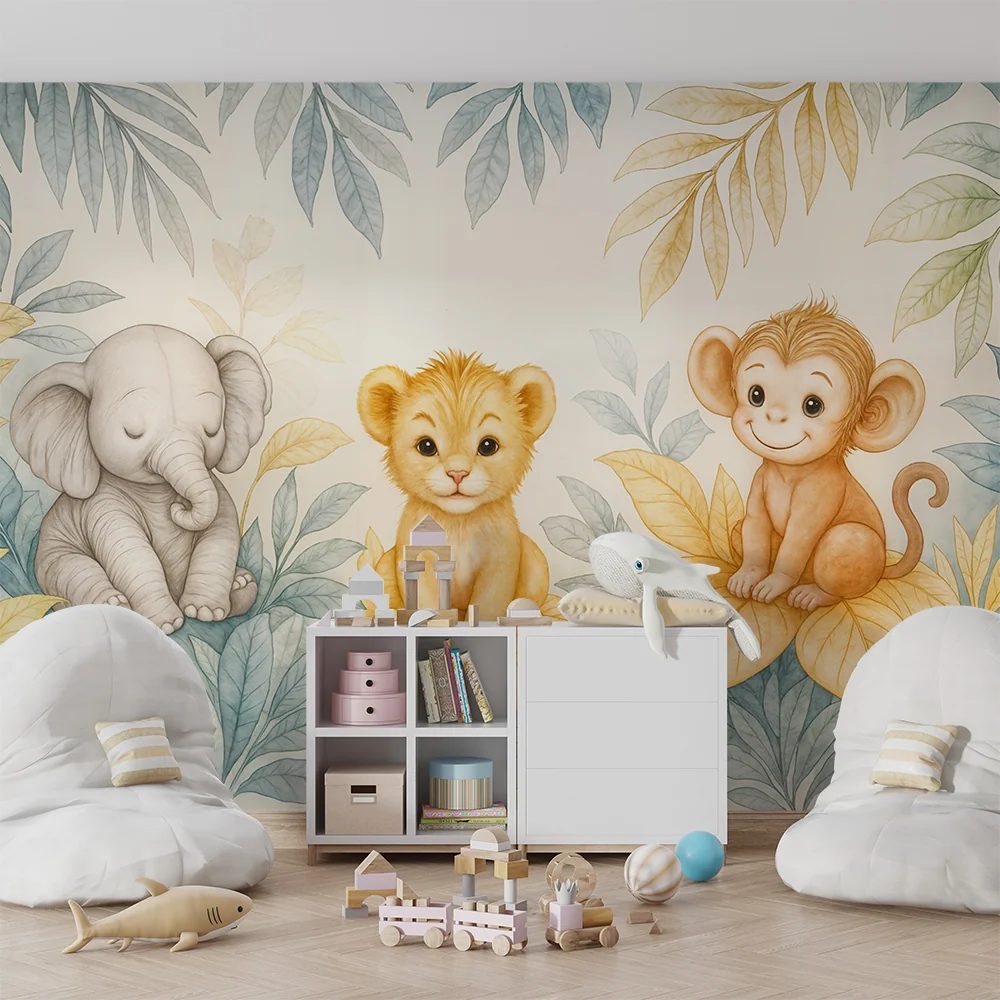 Papel de parede animais da selva | Elefante, leãozinho e macaco em aquarela