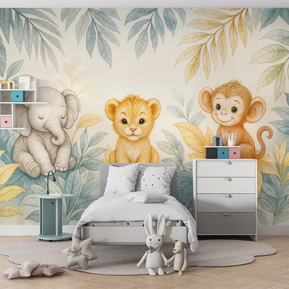 Papel de parede animais da selva | Elefante, leãozinho e macaco em aquarela