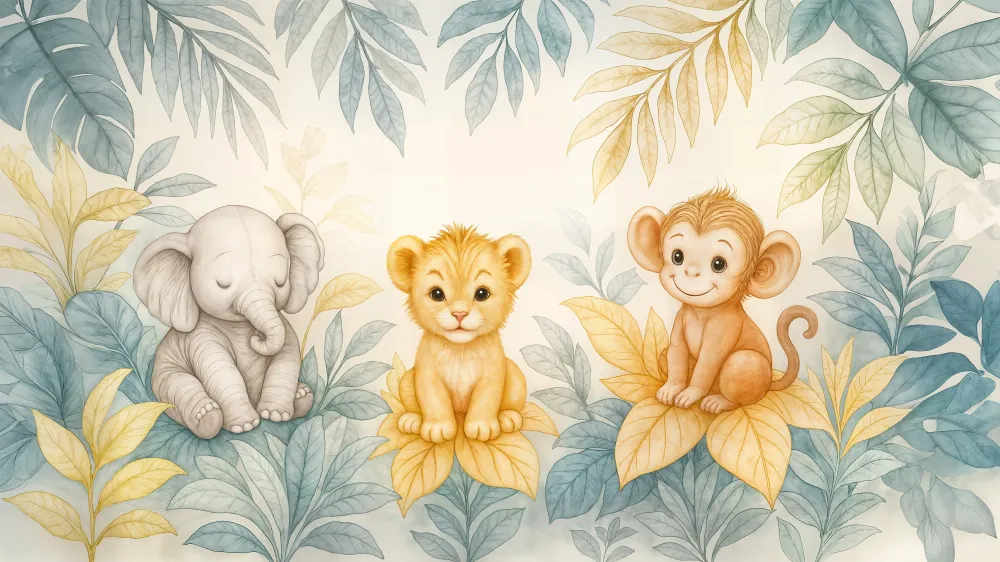 Papel de parede animais da selva | Elefante, leãozinho e macaco em aquarela