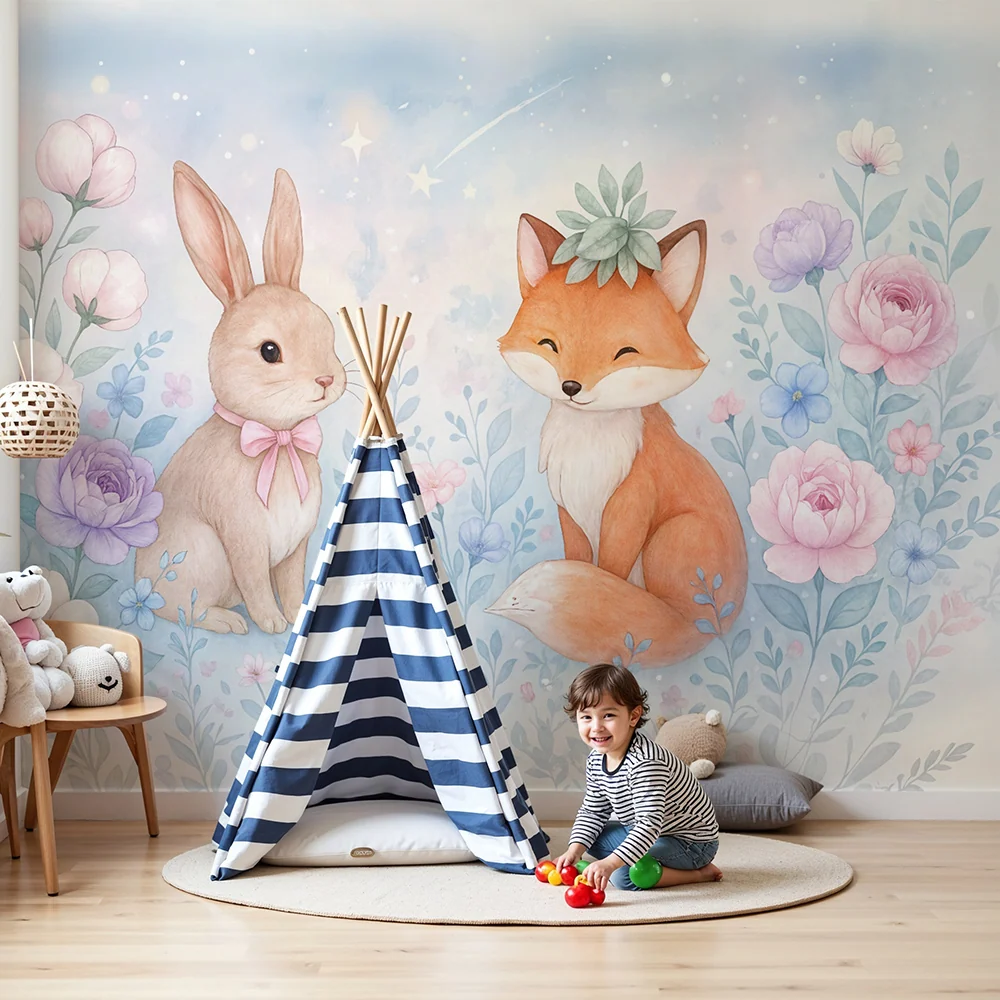 Papel de parede animal | Coelho e Raposa num Jardim Encantado