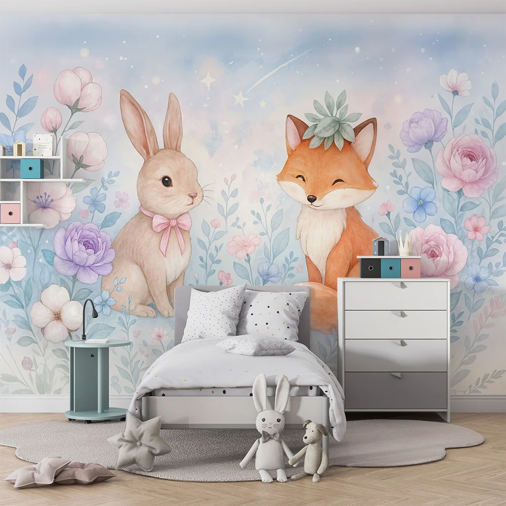 Papel de parede animal | Coelho e Raposa num Jardim Encantado