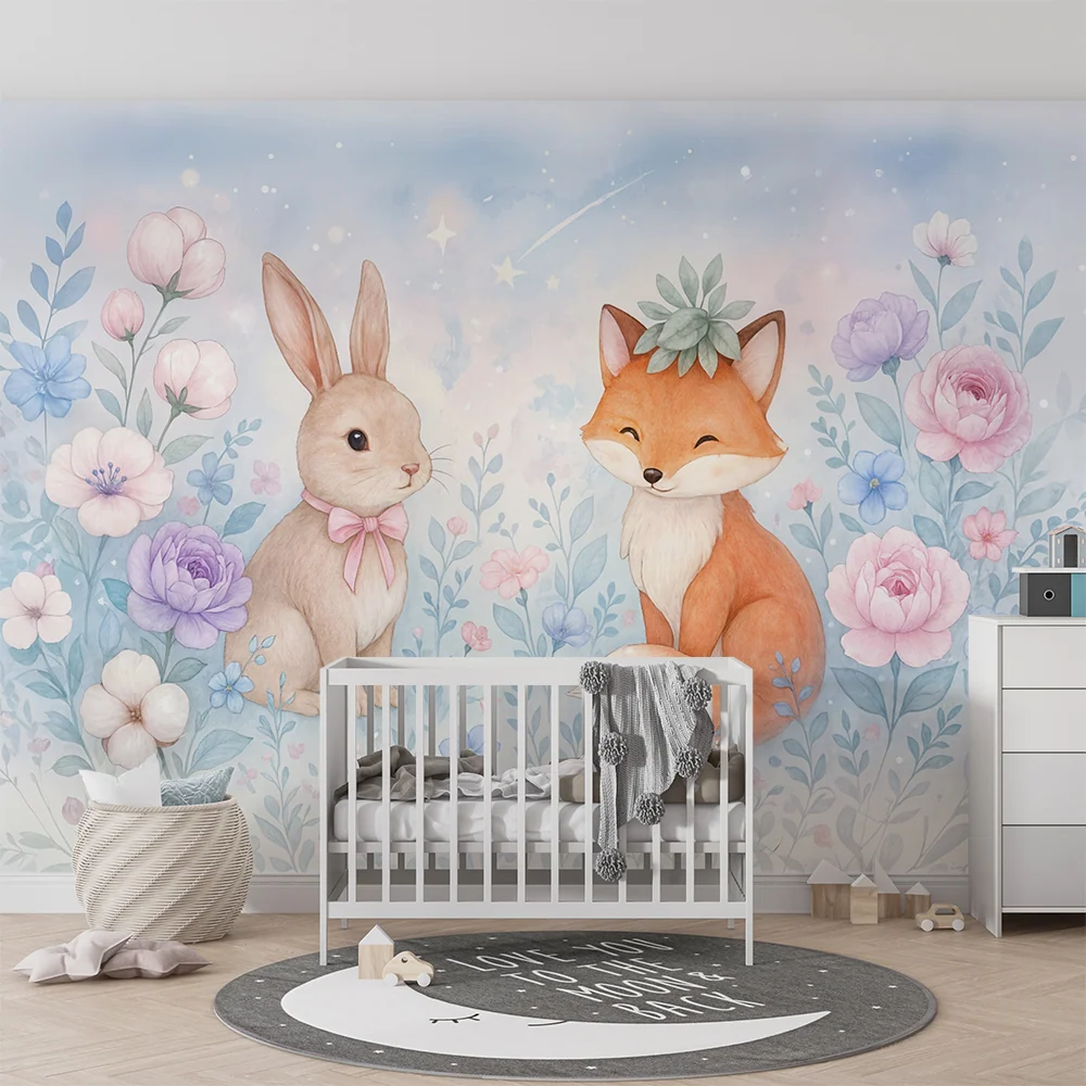 Papel de parede animal | Coelho e Raposa num Jardim Encantado
